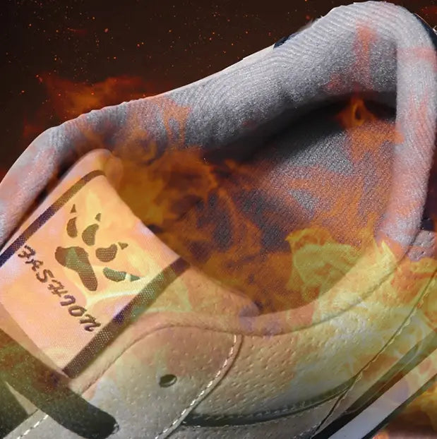 Baskets de mode athlétiques en daim pour hommes, du pointure 39 à 44, présentant un dessus au motif flamboyant vibrant, avec une conception dégradée gris et orange, et une étiquette intérieure portant la mention 2014sas avec un logo en forme de patte.