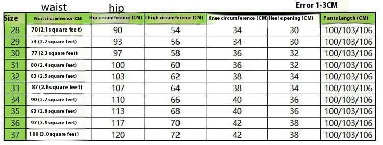 Size chart for men black faux leather pants pu slim fit trousers showing waist hip thigh knee heel opening and pant length measurements in centimeters and square feet.