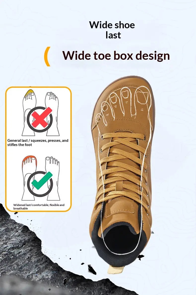 Hellbrauner Led­er-Wanderstiefel mit breiter Zehbox-Design und passenden Schnürsenkeln für High-Top-Sportschuhe