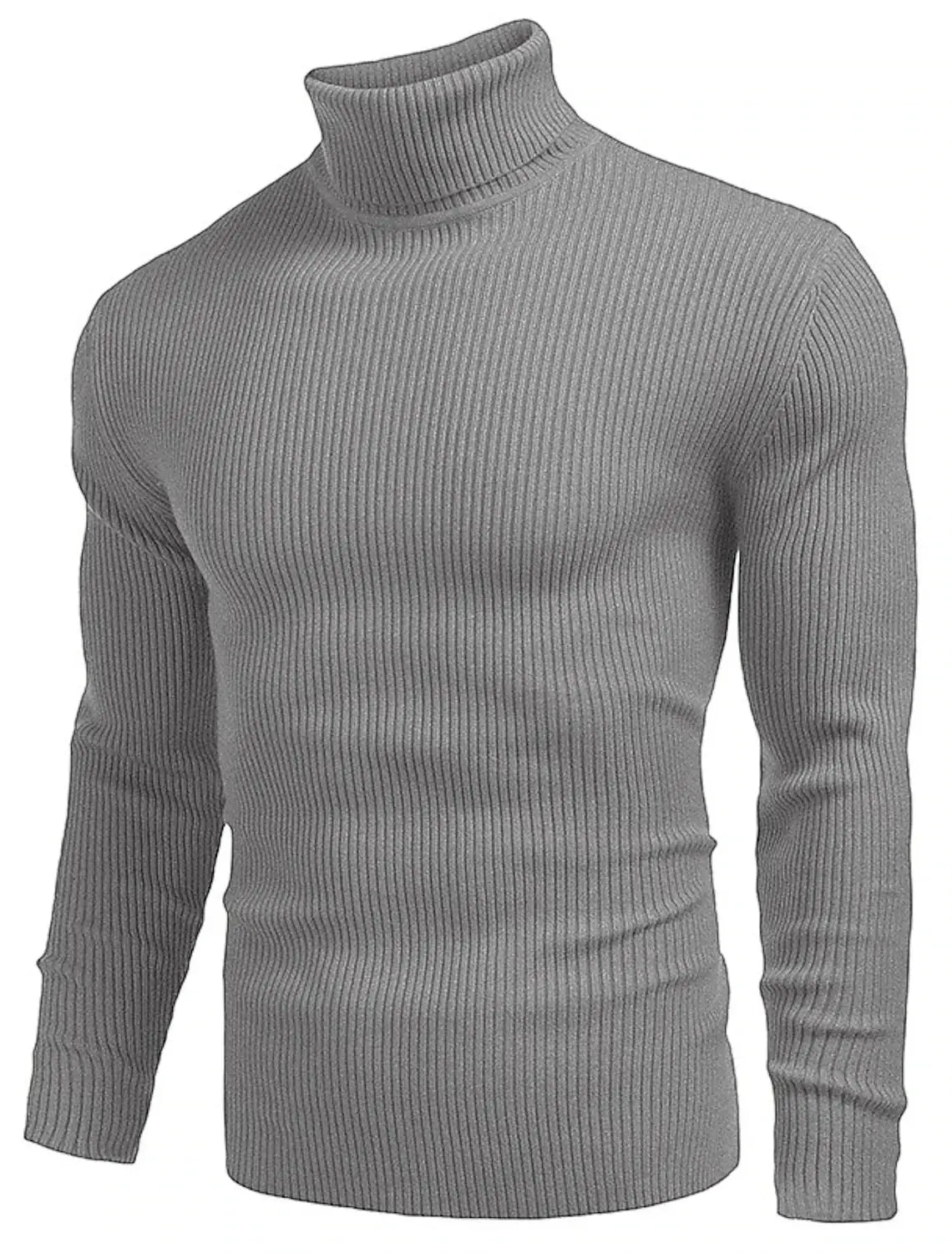 Herren-Turtleneck-Pullover Slim Fit aus elegantem grauem, geripptem Stoff mit taillierter Silhouette und langen Ärmeln.
