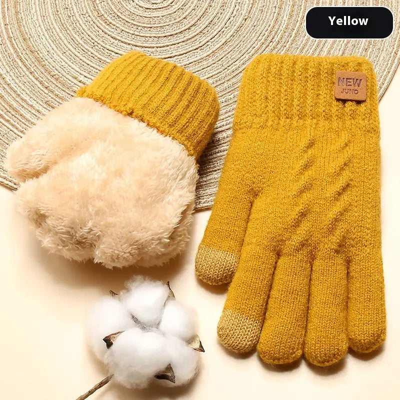 Yellow knitted thermal touchscreen winter gloves for women with a cable-knit pattern and fuzzy beige interior showing the back side with a small brown leather patch labeled new yuto.