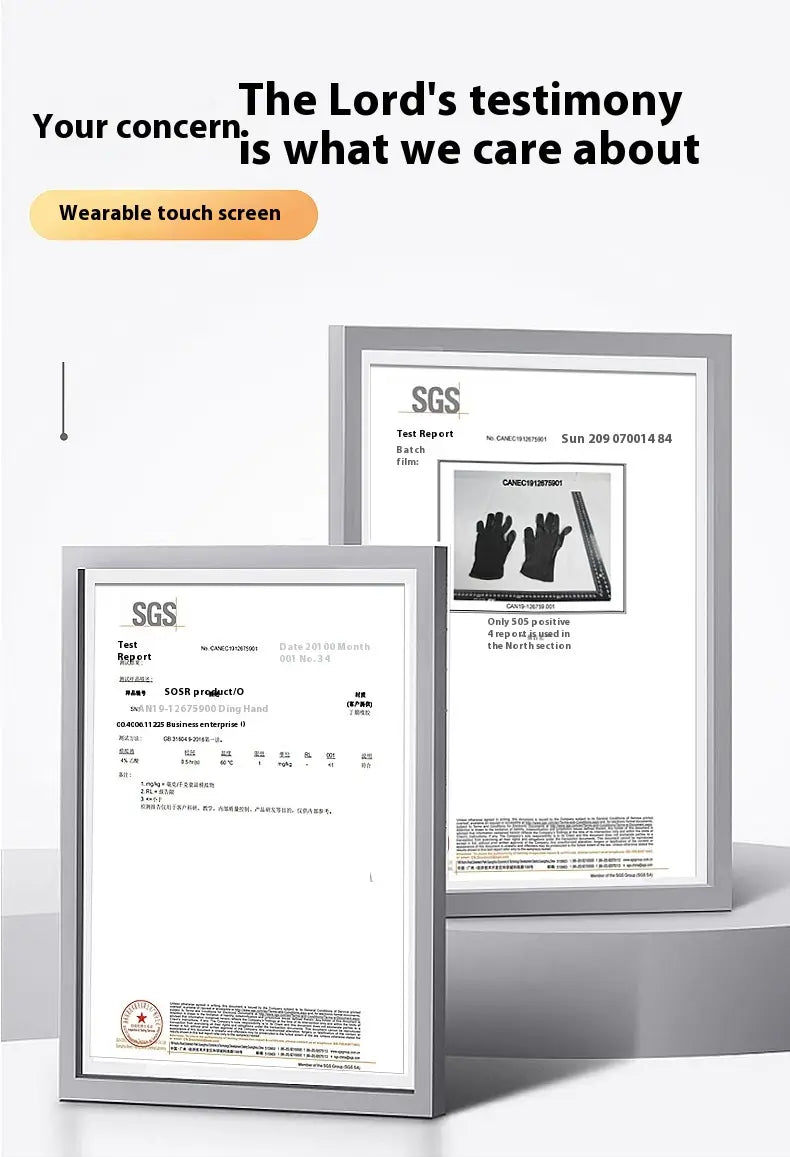 silver-framed sgs test reports displayed in elegant minimalist frames for black nitrile disposable gloves 100 pack