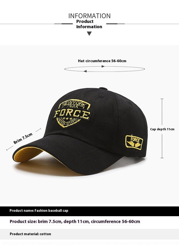 Black cotton baseball cap with gold embroidered new york force logo and matching patch on the side.