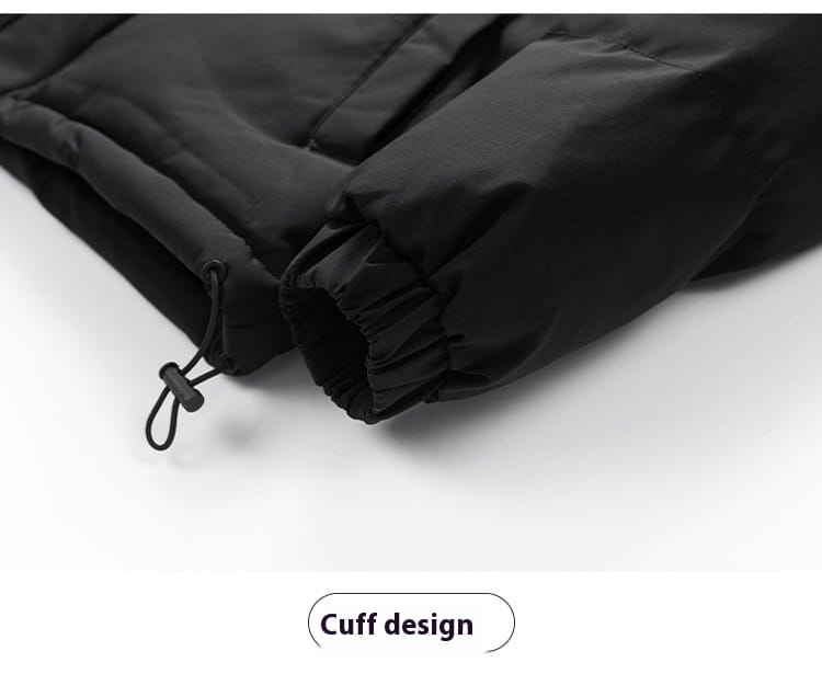 black men’s fleece hooded quilted puffer jacket cuff with elastic drawstring for adjustable fit