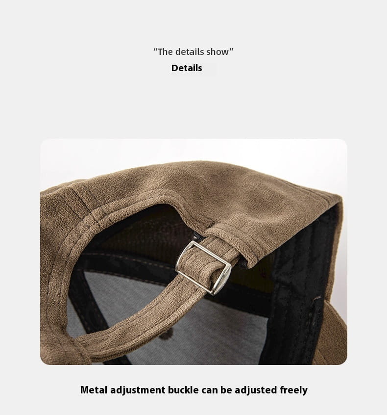 brown suede baseball cap featuring a silver metal adjustment buckle shown from the back in a soft minimalist adjustable hat design
