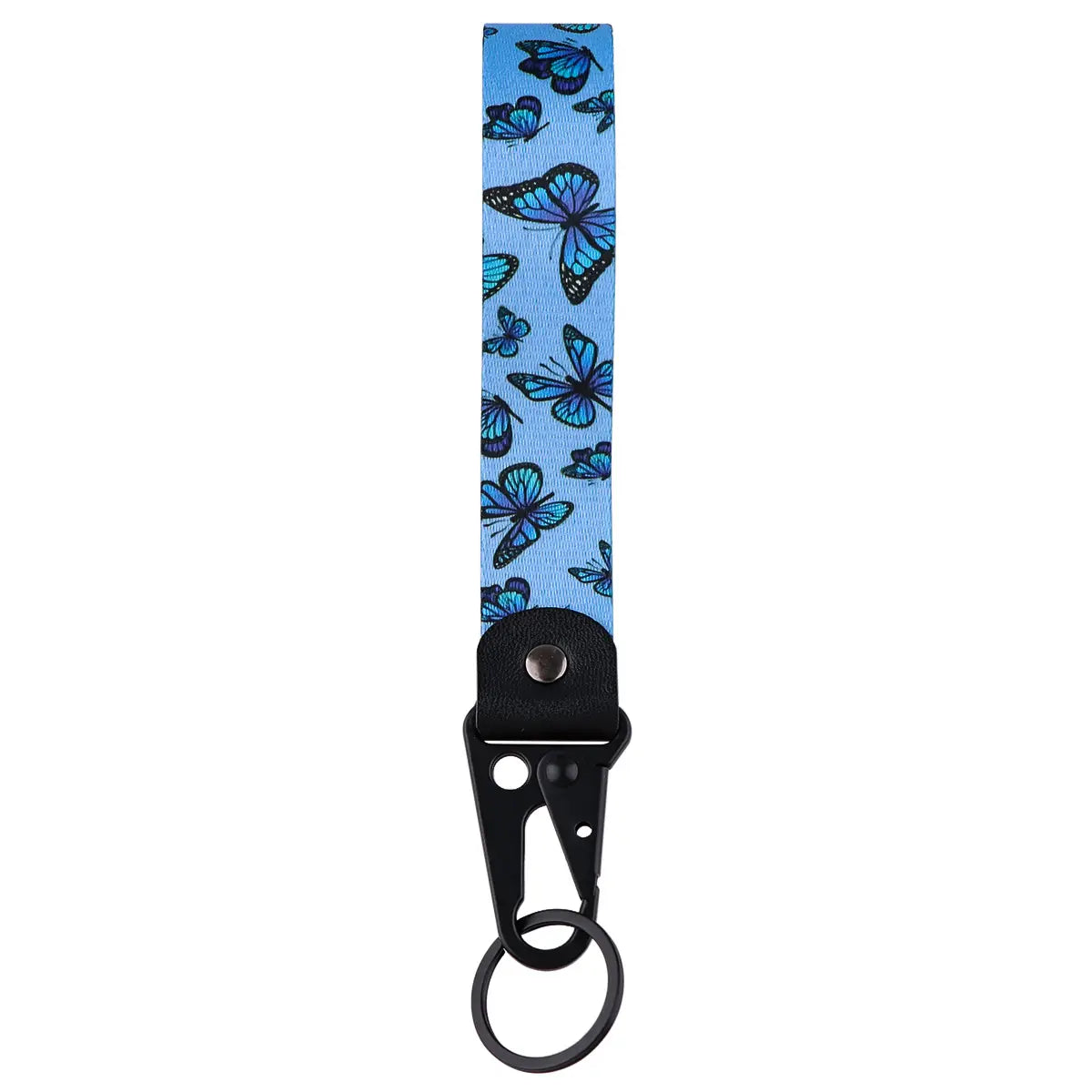 Butterfly wrist strap keychain with blue butterfly pattern, black leather tab, and metal clip for easy attachment.