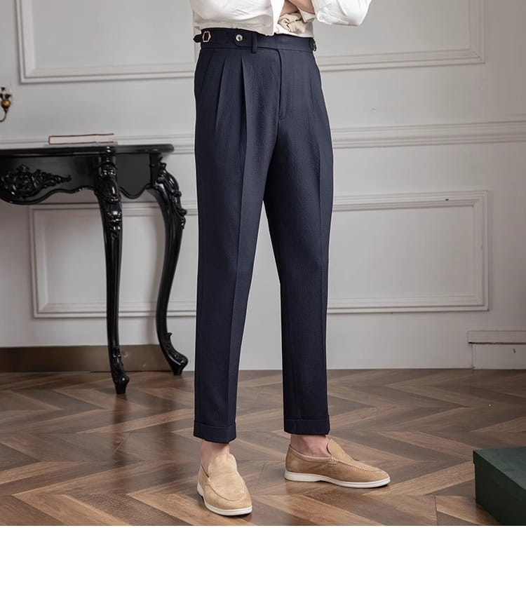 dark navy slim fit pleated summer linen suit trousers with tailored fit and belt loop detail