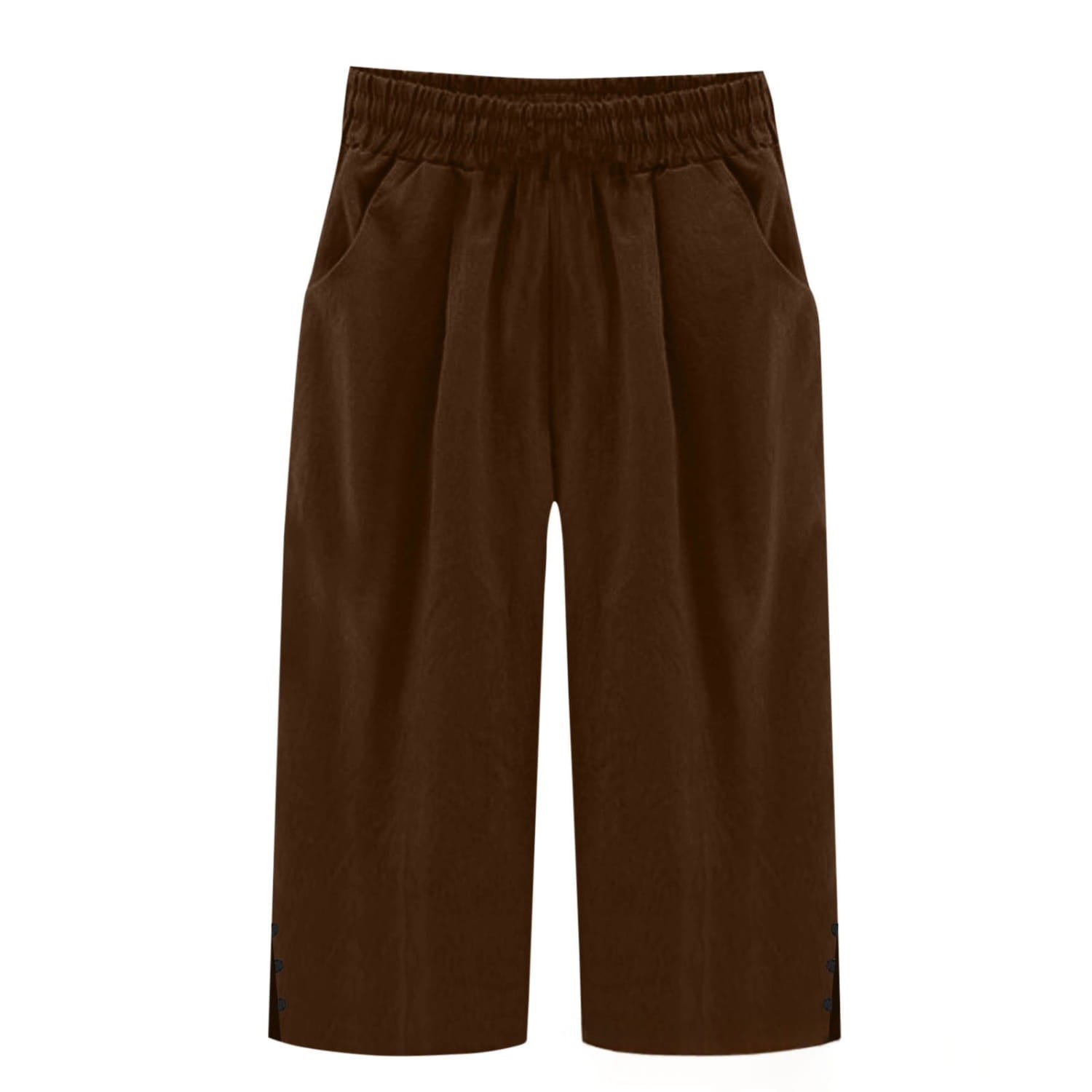Pantalons capri amples à jambes larges en coton marron pour femmes, raccourcis, avec une taille élastique et des poches latérales.
