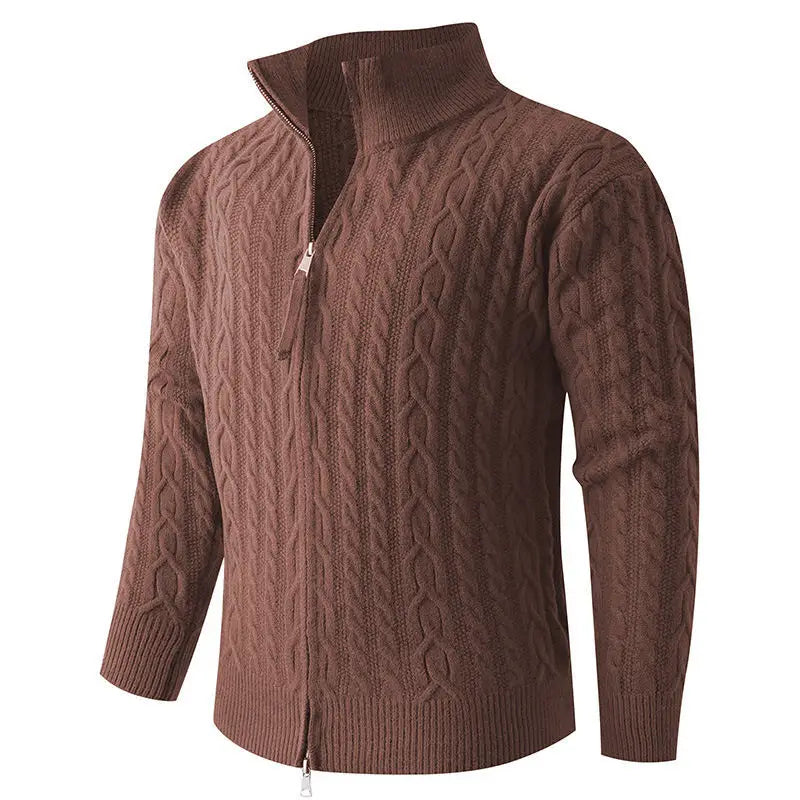 brown thick cable knit zip-up sweater for men with a high collar and ribbed cuffs