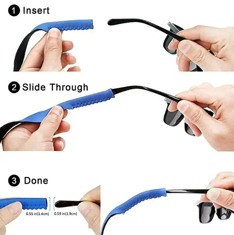 blue silicone grip sleeve for sunglasses arms featured in a 4-pack adjustable sports sunglasses straps and eyewear lanyards set