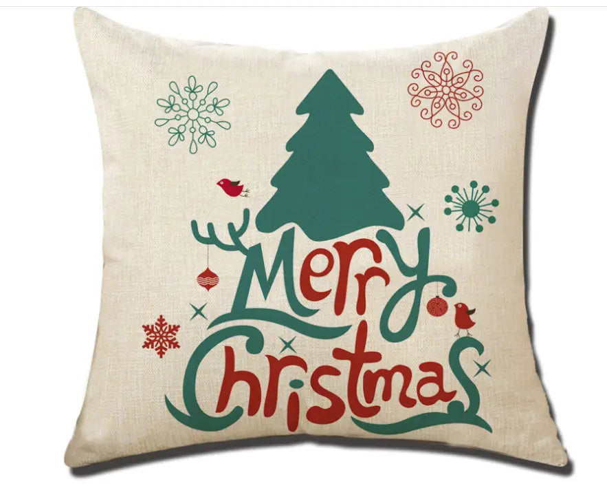 Beige linen christmas pillowcase with embroidered green and red merry christmas design featuring a pine tree snowflakes and birds for festive holiday decor.