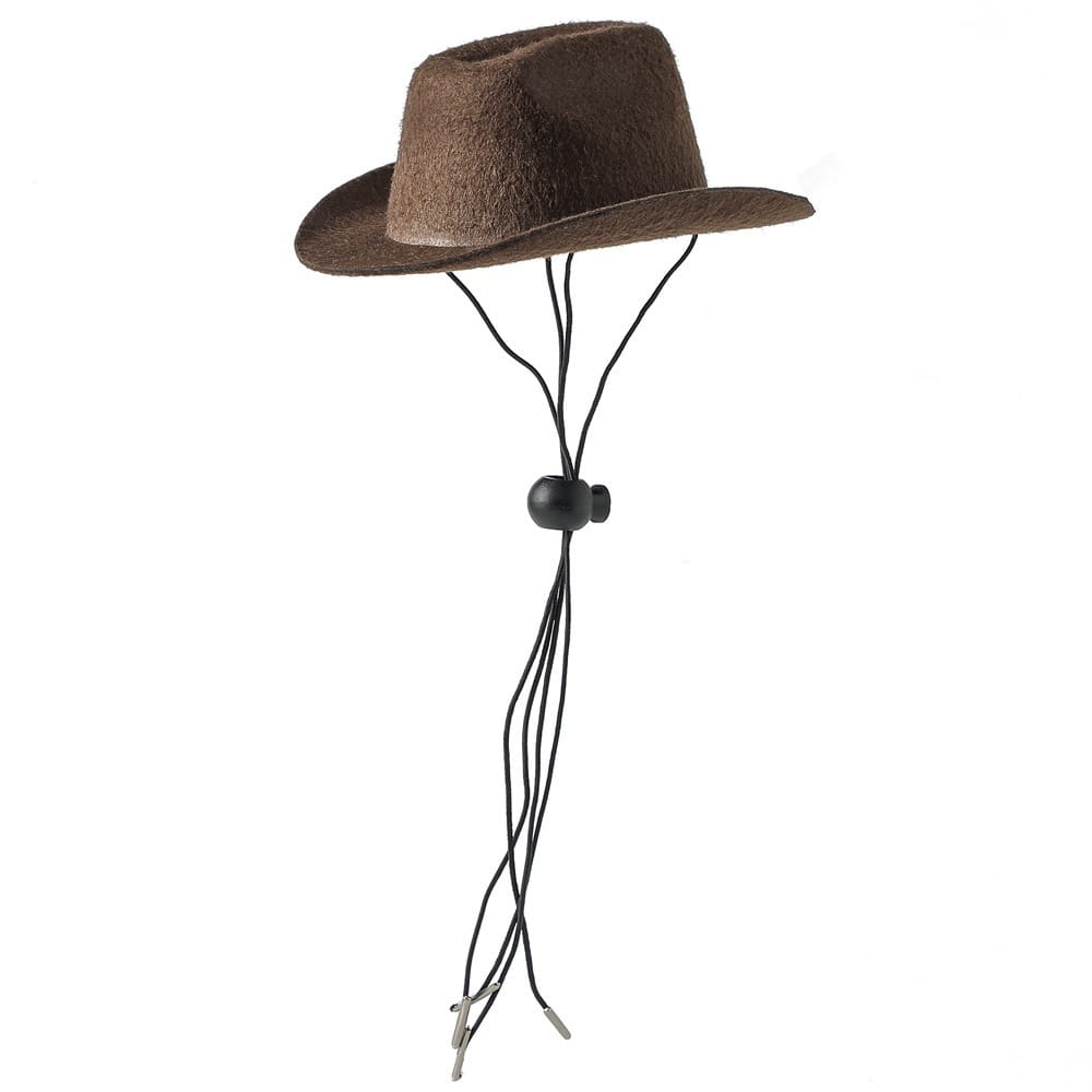 Brown faux-fur pet cowboy hat made of felt with a black adjustable cord and metal clips designed for dogs and cats.