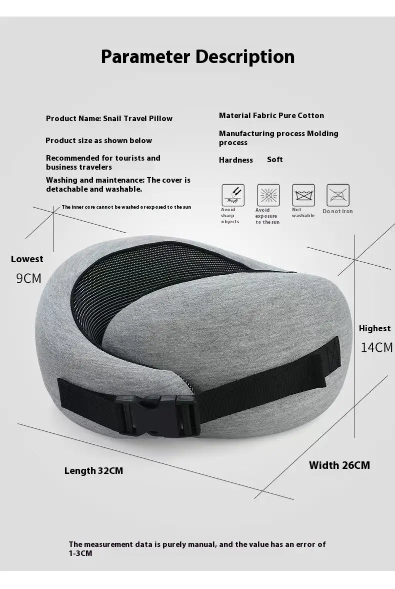 Gray cotton memory foam travel neck pillow with black adjustable strap shown from the back side for adjustable support during travel.