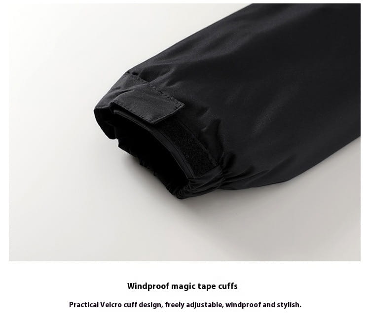 black windproof magic tape cuffs with adjustable velcro design on men plus size warm winter hooded jacket