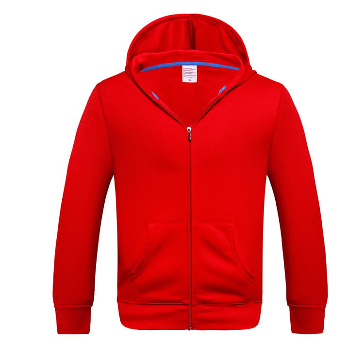 Men’s contrast trim fleece zip hoodie in red with a blue-lined hood and front pockets.