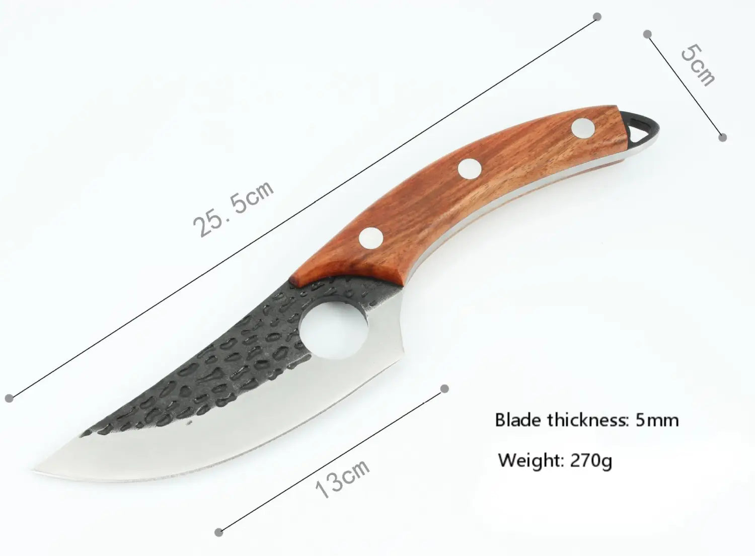 Un couteau à désosser forgé à la main en acier au carbone à haute teneur, présentant une lame noire texturée de 25,5 cm et un manche en bois brun riche, fixé par trois rivets blancs avec étui.