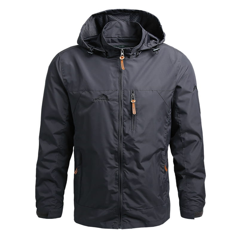 Herren-Wasserdichte Bergsteiger-Softshelljacke in Dunkelgrau mit wasserfester Ausrüstung, Kapuze, braunen Leder-Zuglaschen am Reißverschluss und dezentem Berg-Logo auf der Brust.