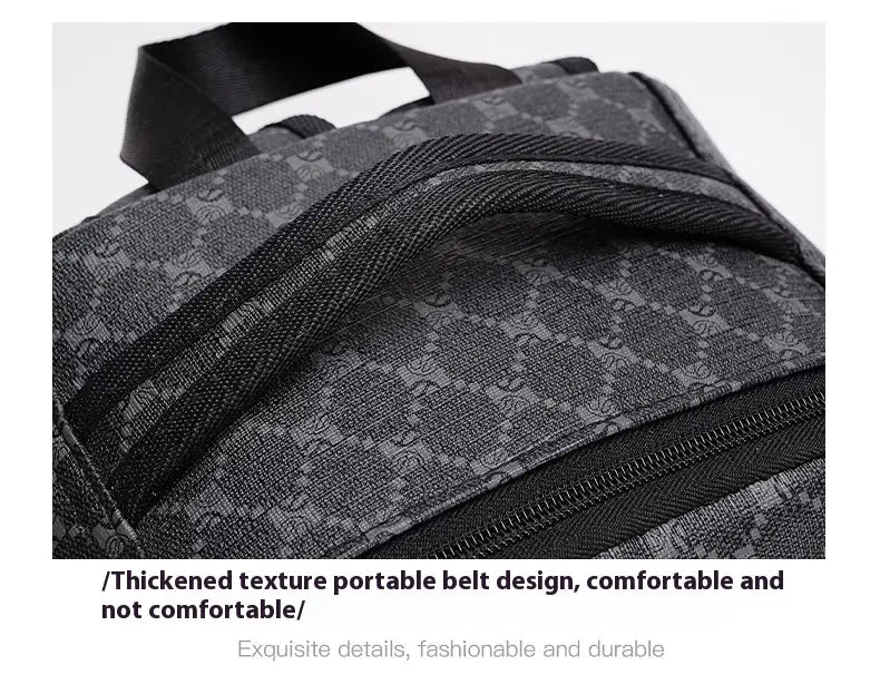 Black shark backpack with large capacity geometric monogram pattern and reinforced straps made of PU for business use.