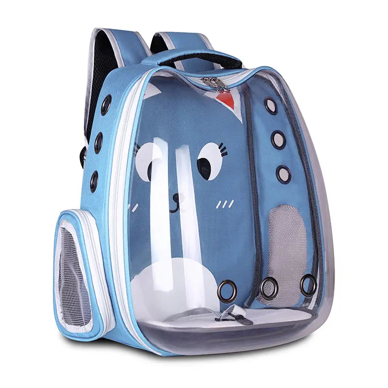 Light blue transparent breathable cat backpack carrier made of transparent material with mesh ventilation panels and a cartoon cat face design.