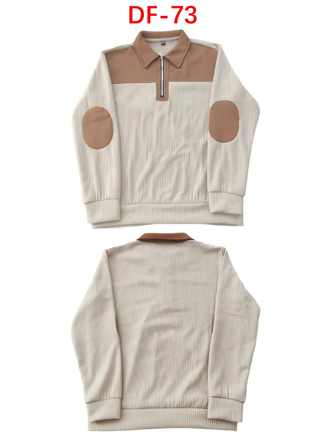Men’s cream-colored ribbed knit half zip sweater with tan contrast panels on the collar, shoulders, and elbow patches.