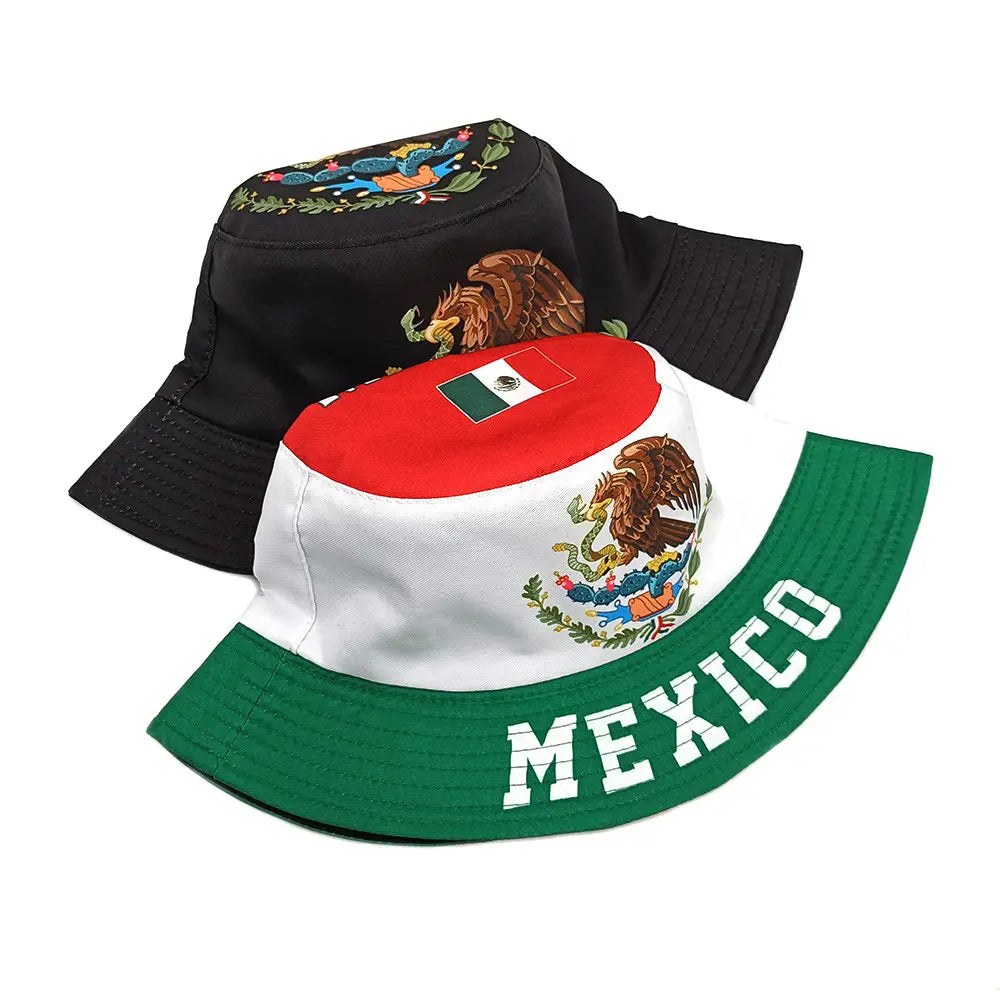 Mexican flag bucket hat with embroidered eagle and cactus design in red white and green sections offering sun protection.