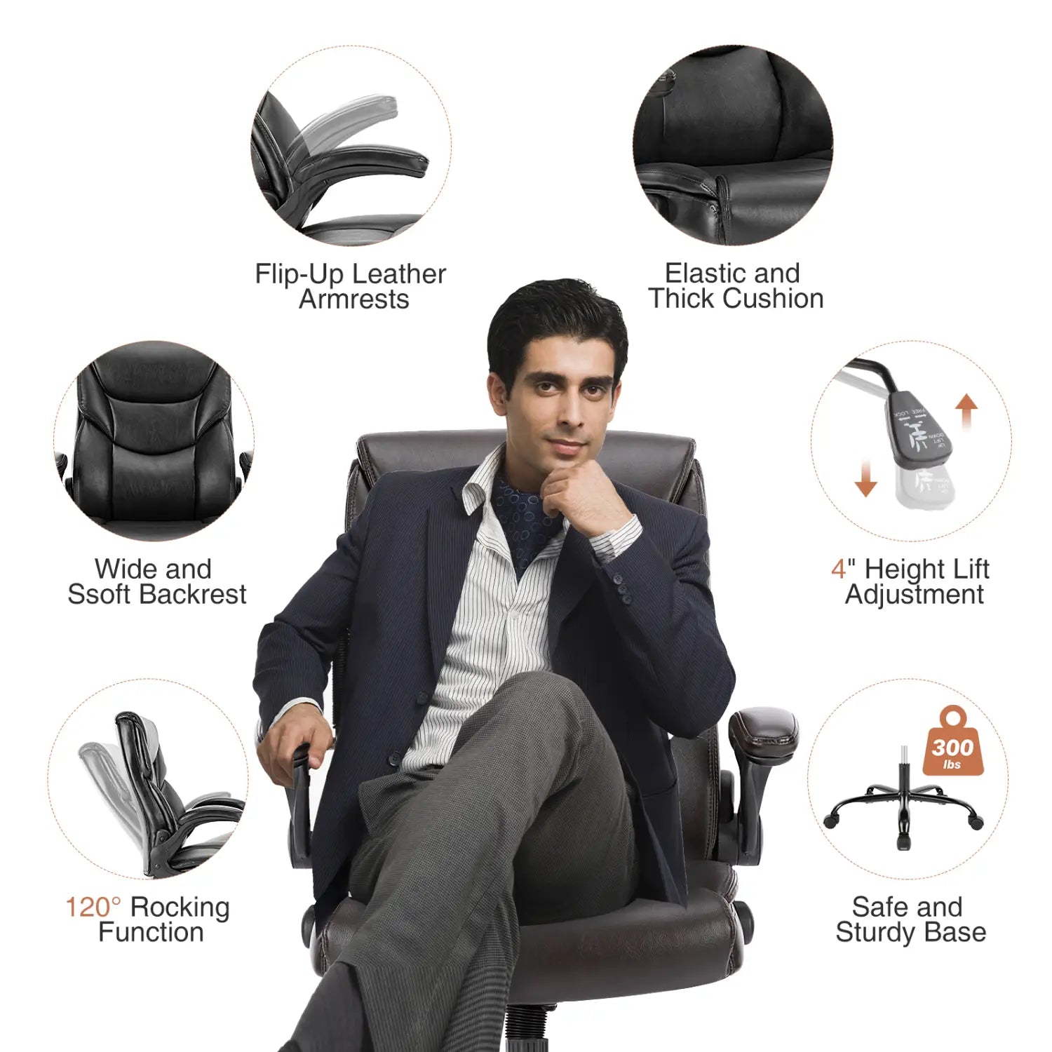 Silla de oficina ergonómica de polipiel negra con apoyabrazos abatibles y ajuste de elevación de 4 pulgadas para uso en oficina.