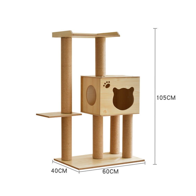 Light-colored wooden cat tree scratching post and condo featuring a bear face design on the cubby.