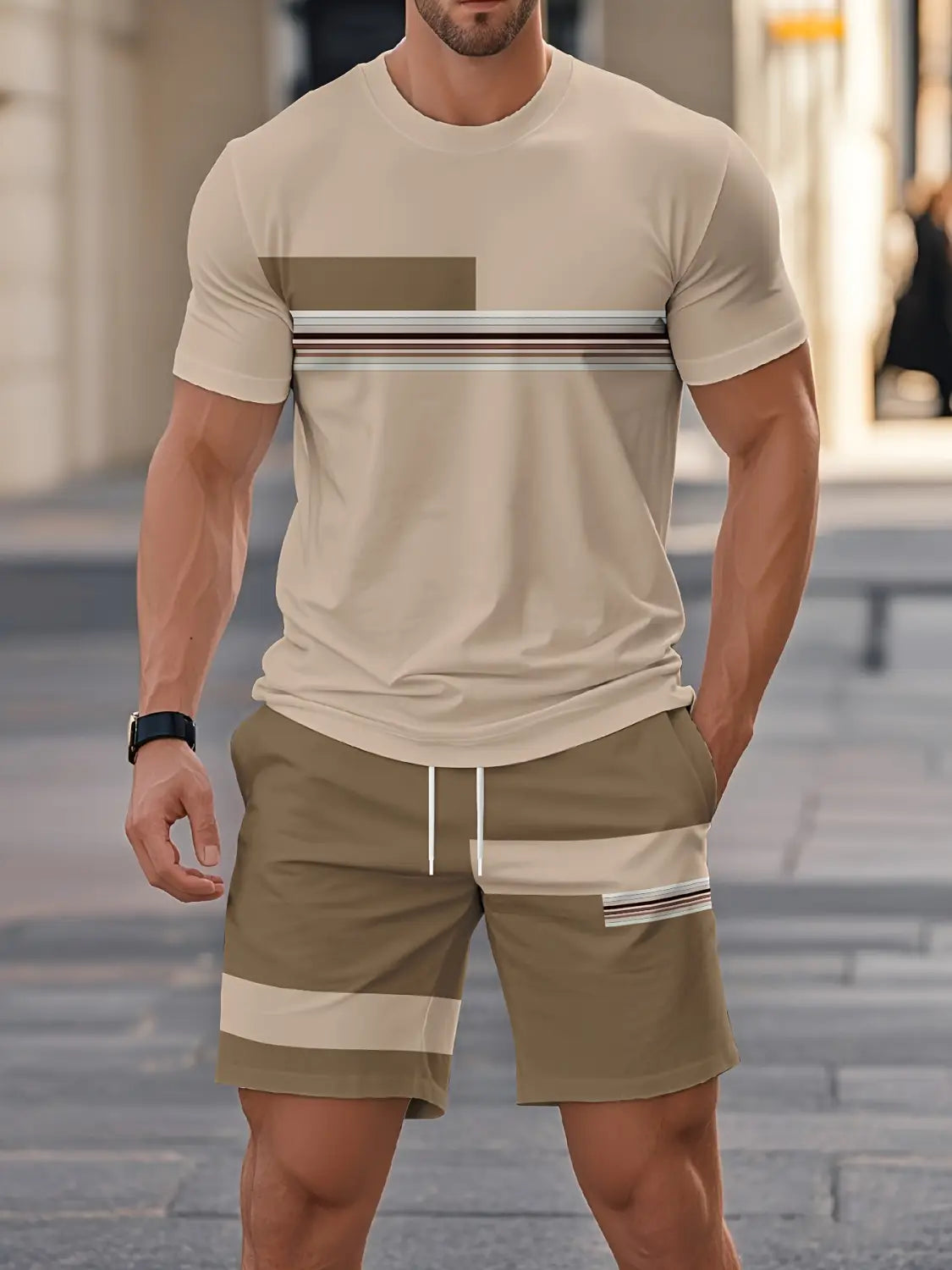 Men striped athletic short set featuring beige and olive green shorts with contrasting cream stripes and a drawstring waistband.