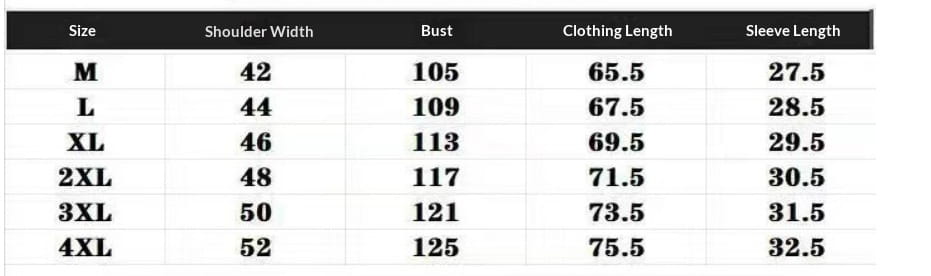 This size chart for men Cuban collar short sleeve shirt displays measurements in inches for sizes M through 4XL.