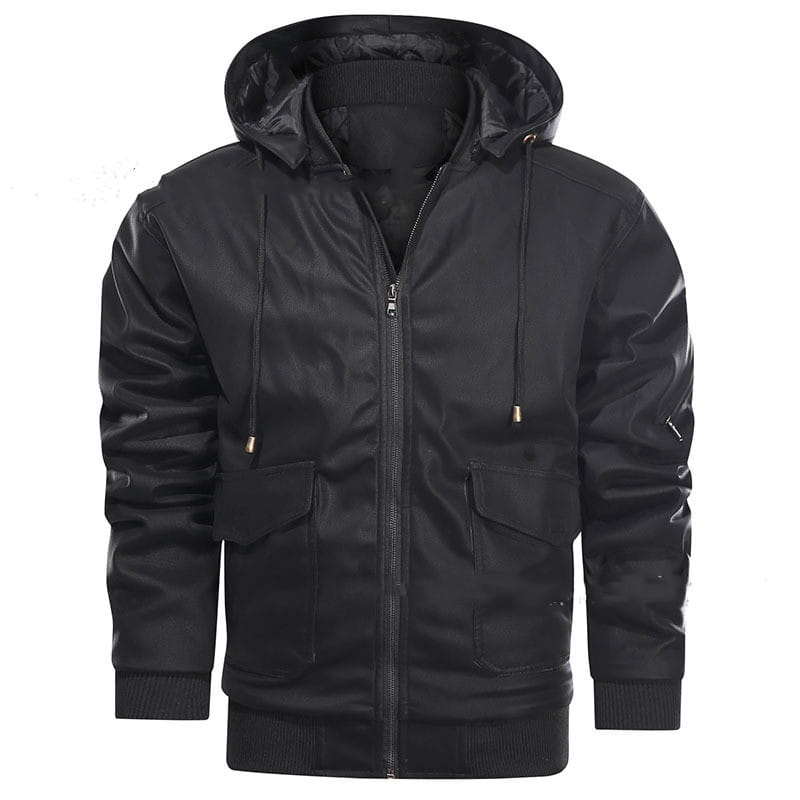 Men’s black leather motorcycle jacket with a removable hood featuring a shiny water-resistant fabric and two front pockets.