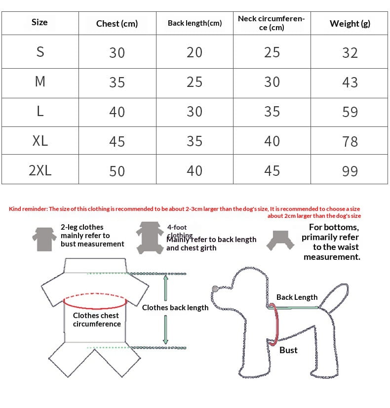 Größentabelle für Zopfmuster-Hundepullover als warme Schuluniform-Tierbekleidung mit Brust-, Rückenlänge- und Halsumfang in Zentimetern sowie Gewicht in Gramm für die Größen S bis 2XL.