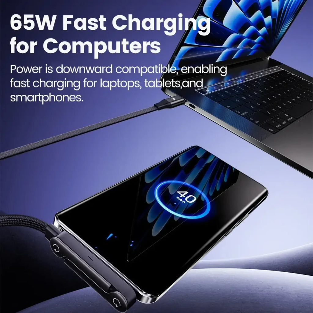 Black 65w usb c fast charging cable with braided design and multiple ports for laptops tablets and smartphones