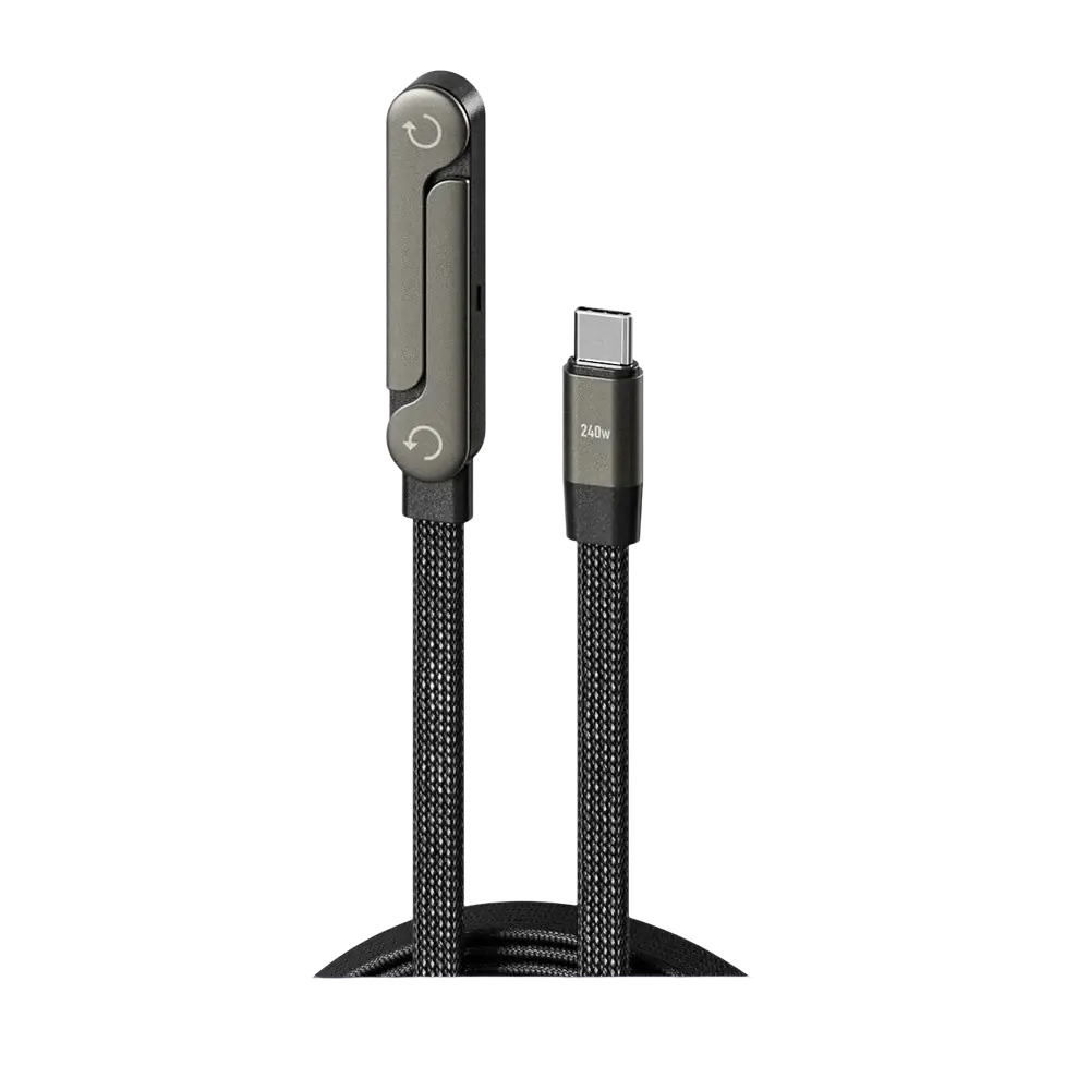 Black braided 65w usb c fast charging type-c to type-c cable with sleek metallic gray magnetic connector and circular arrow icons