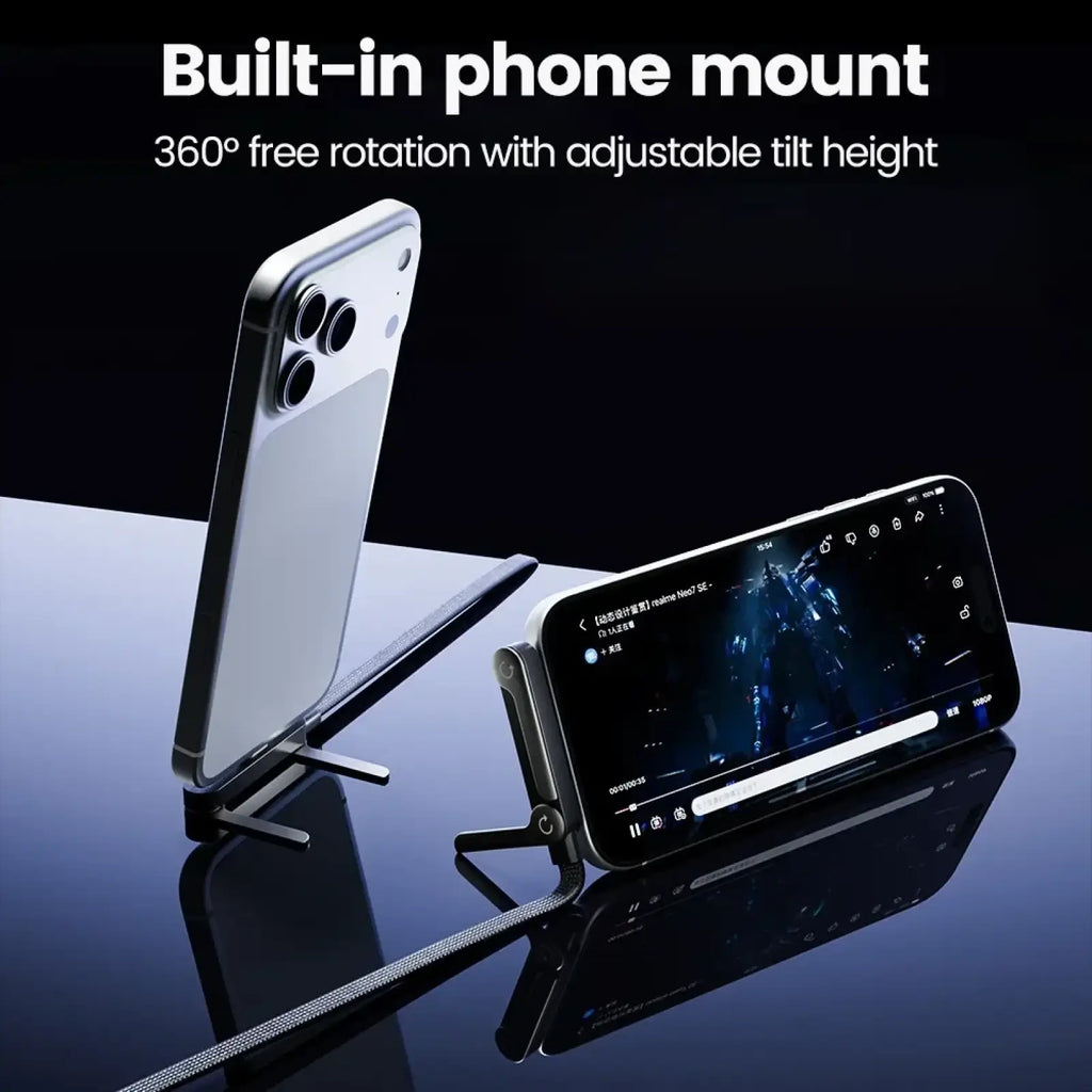 Black phone mount with adjustable tilt height and 360° rotation holding two smartphones with 65w usb c fast charging cable