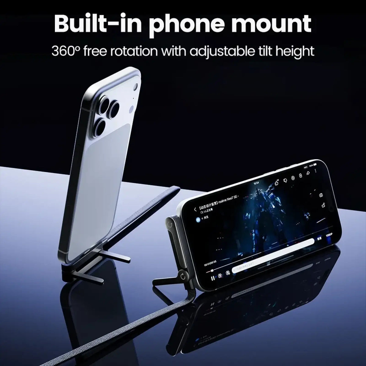 Black phone mount with adjustable tilt height and 360° rotation holding two smartphones with 65w usb c fast charging cable