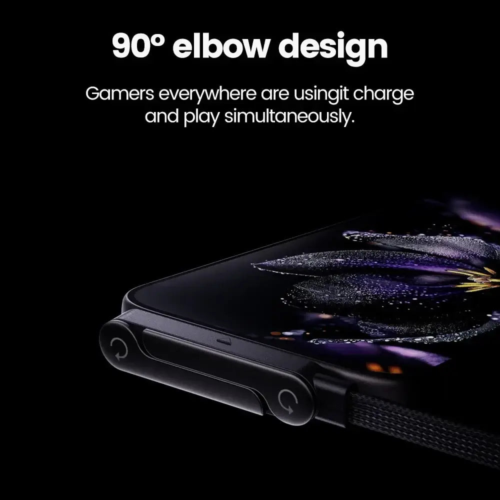 Black Samsung Galaxy Z Fold4 with 90° elbow design, curved edge, textured charging port cover, 65W USB C fast charging cable holder