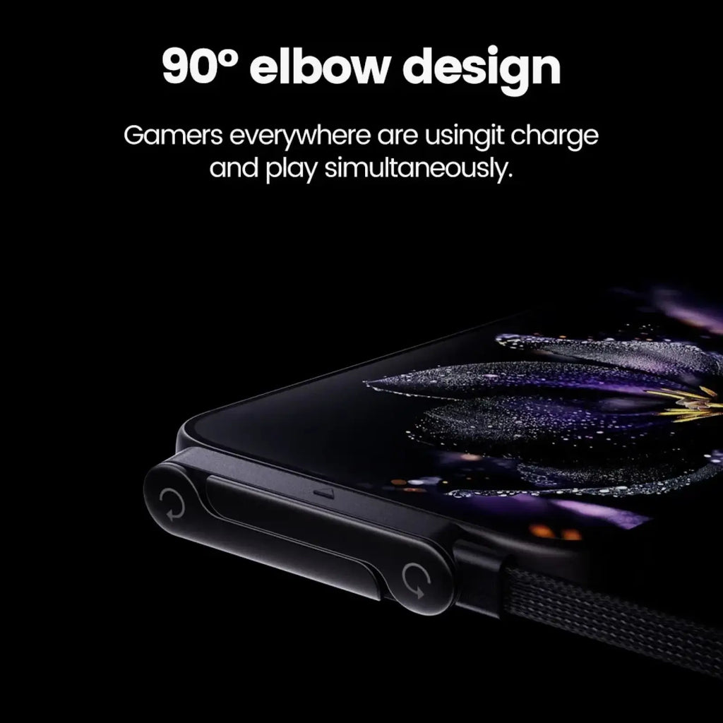 Black Samsung Galaxy Z Fold4 with 90° elbow design, curved edge, textured charging port cover, 65W USB C fast charging cable holder