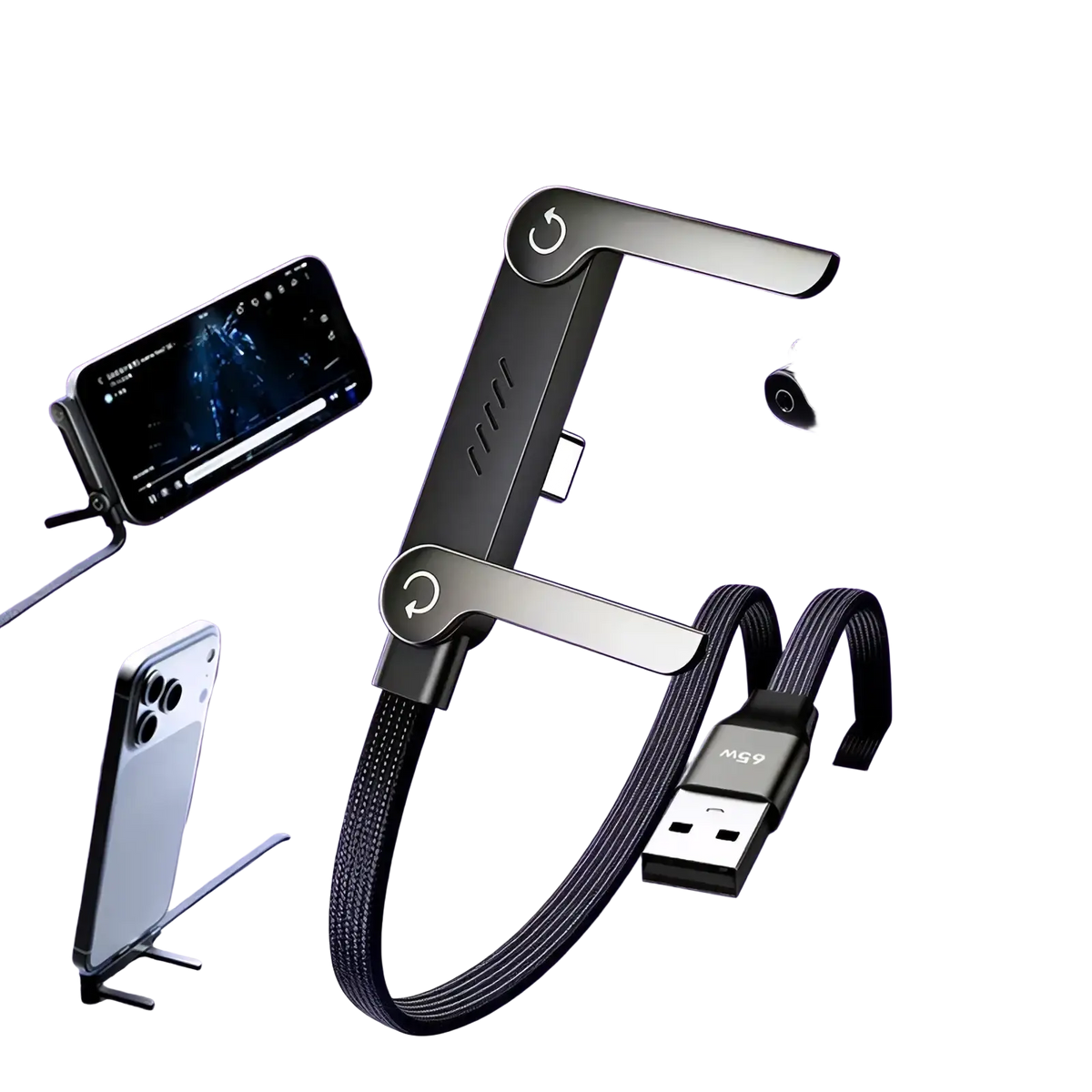 Black and silver 65w USB C fast charging cable with integrated phone holder for efficient device charging and storage