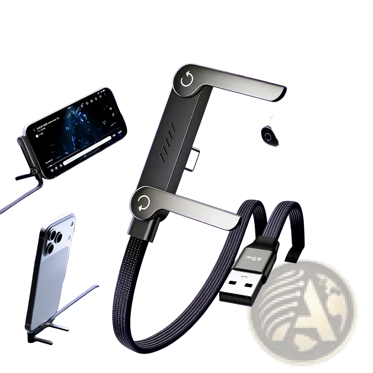 Black and silver 65w USB C fast charging cable with integrated phone holder for efficient device charging and storage
