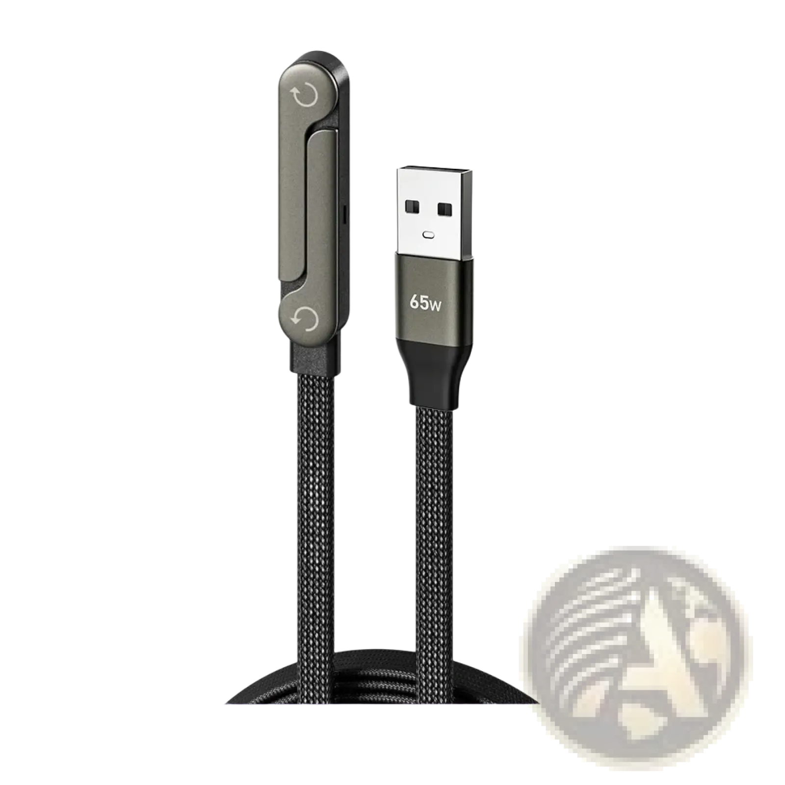 A sleek black braided 65w usb c fast charging cable with magnetic connector and phone holder for efficient power delivery