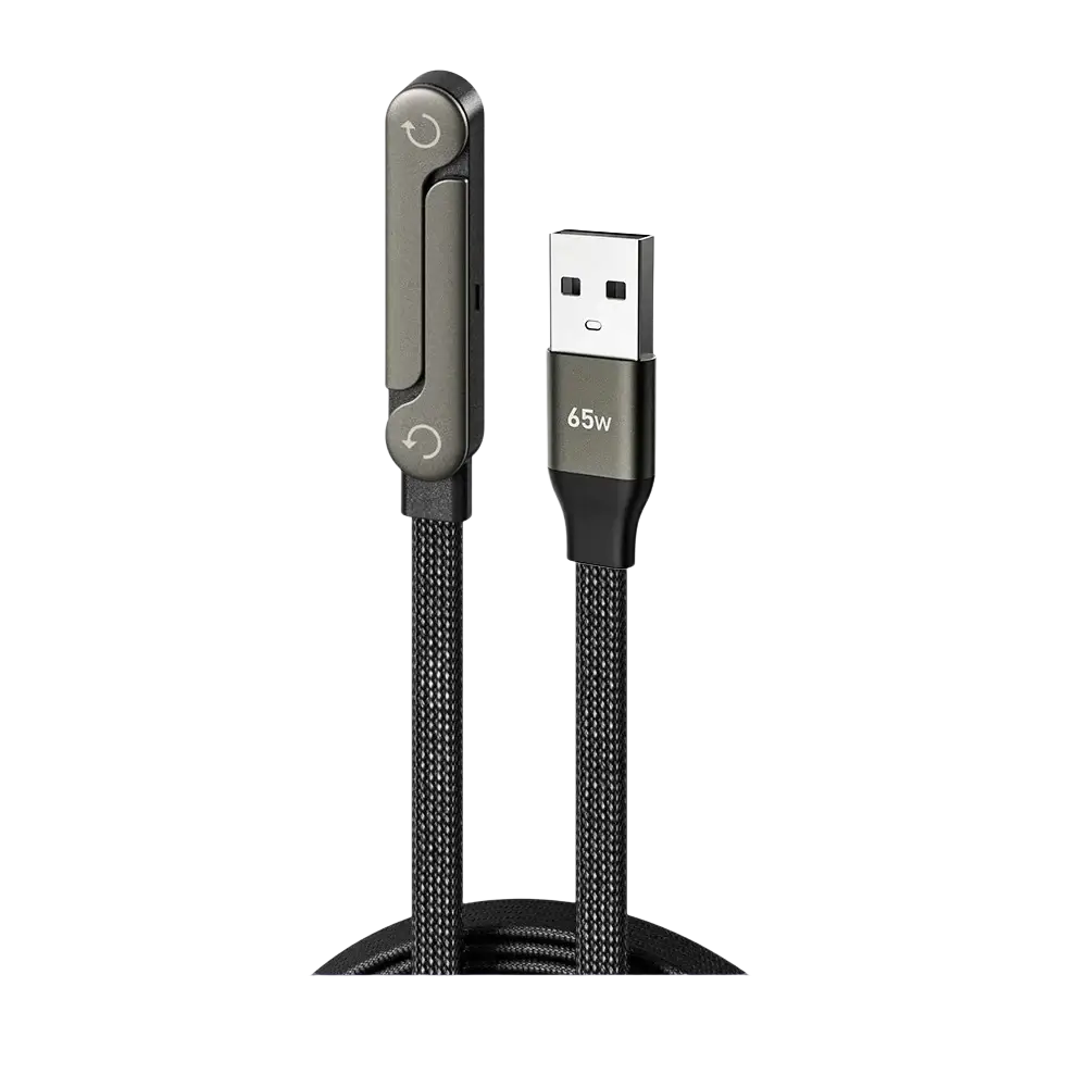 A sleek black braided 65w usb c fast charging cable with magnetic connector and phone holder for efficient power delivery