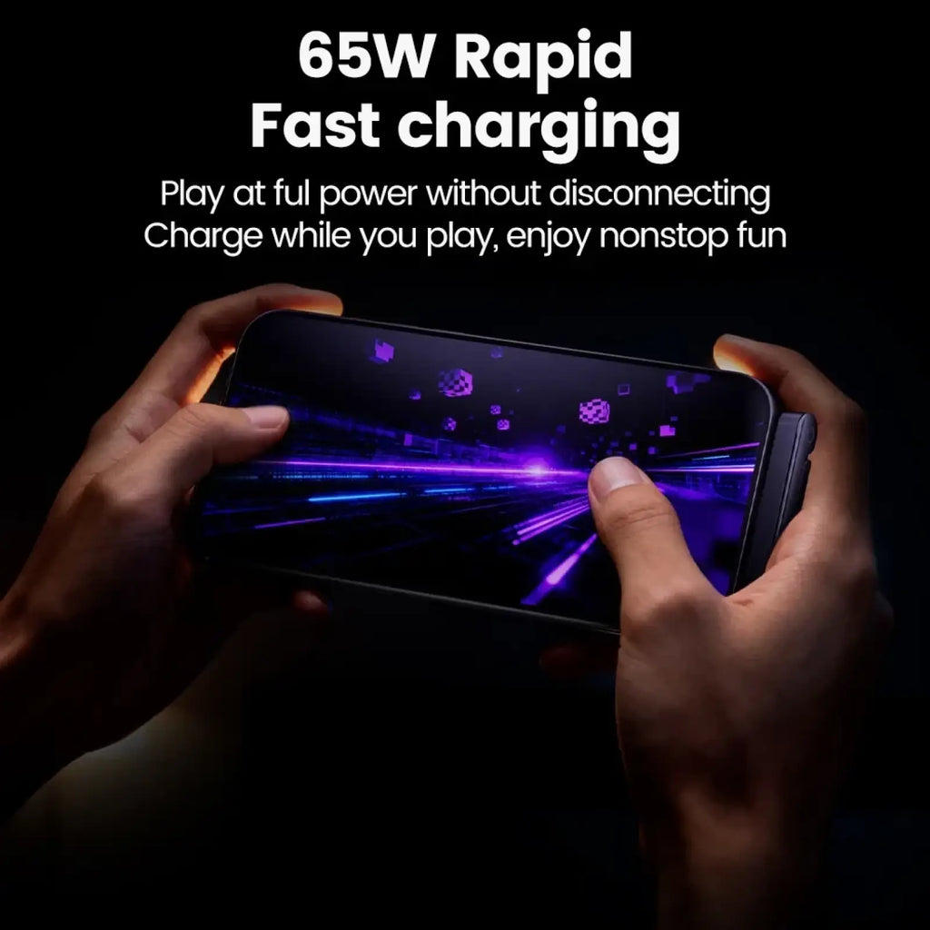 A sleek black smartphone with a vibrant gaming display showcasing 65w usb c fast charging cable and phone holder