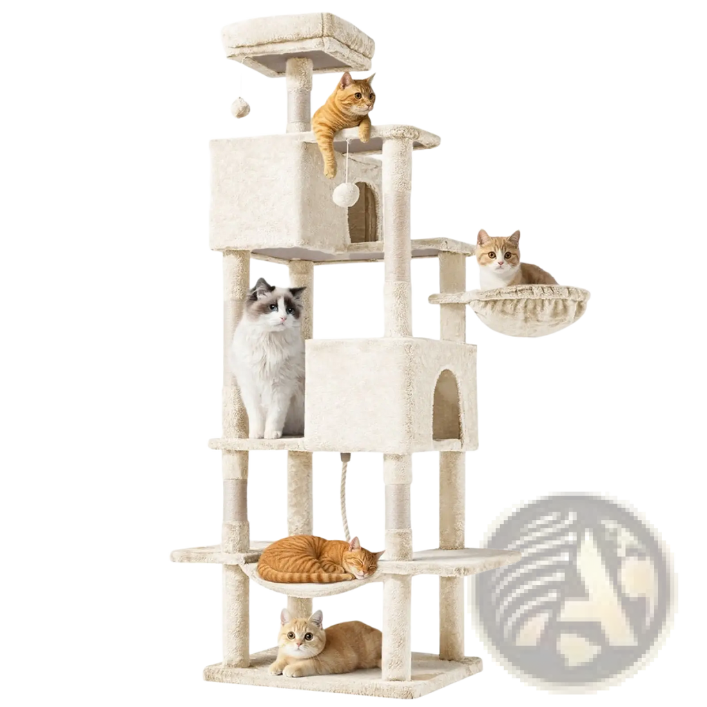 Beige multi-level 66 inch multi-cat tree tower and condo with scratching posts and platforms for cats