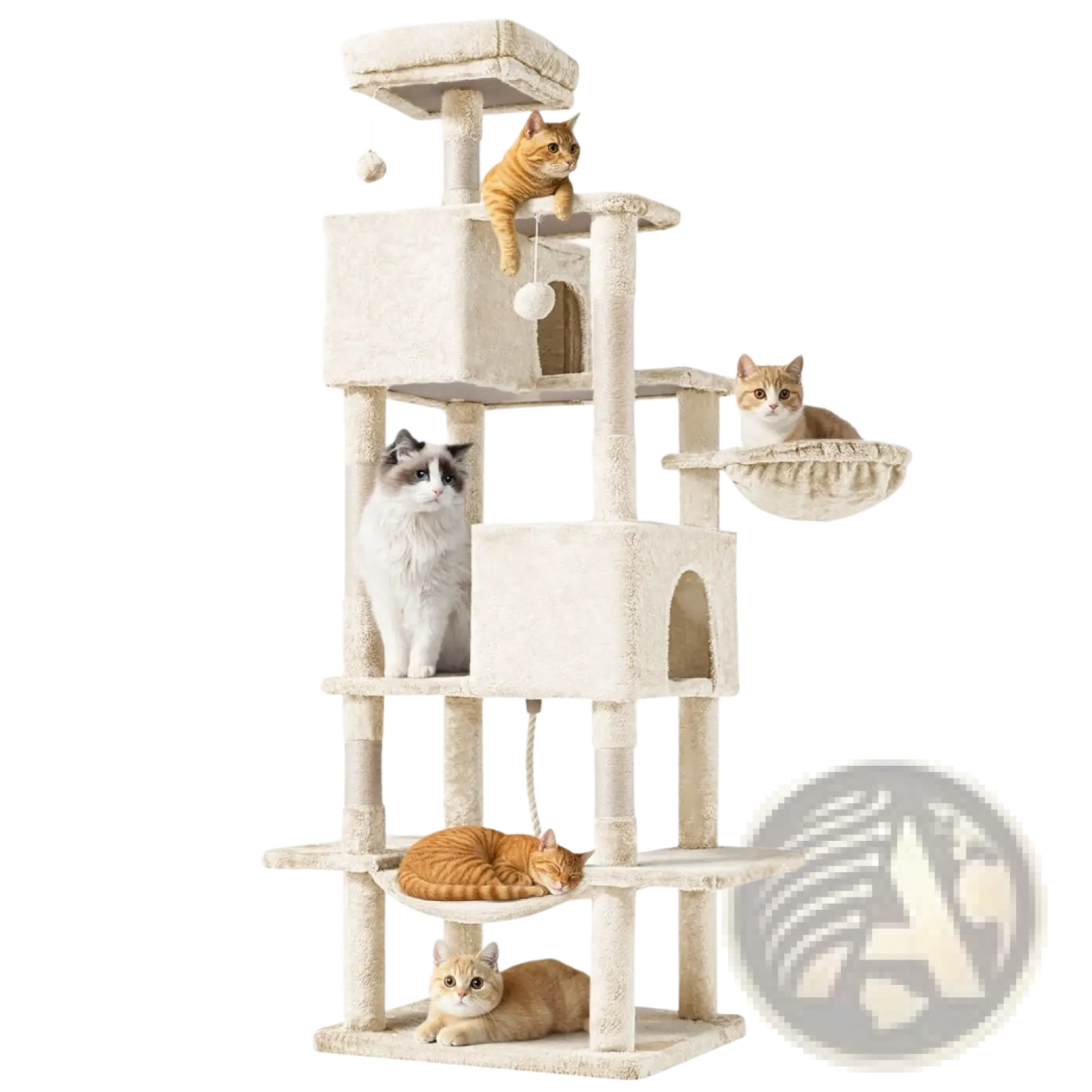 Beige multi-level 66 inch multi-cat tree tower and condo with scratching posts and platforms for cats