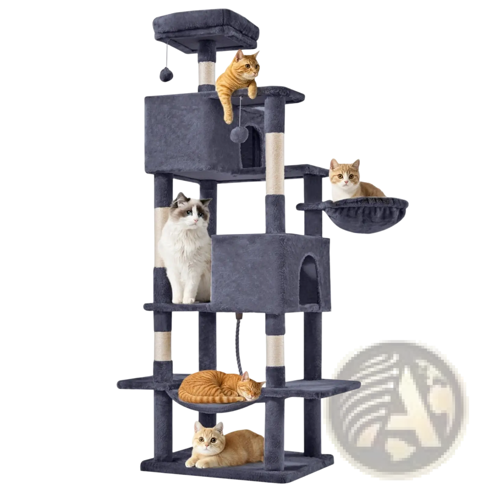 Dark gray 66 inch multi cat tree tower with plush platforms scratching posts and hanging ball toy for cats