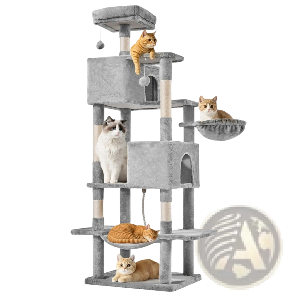Gray 66 inch multi-cat tree tower with plush platforms scratching posts and hanging ball toy for cats