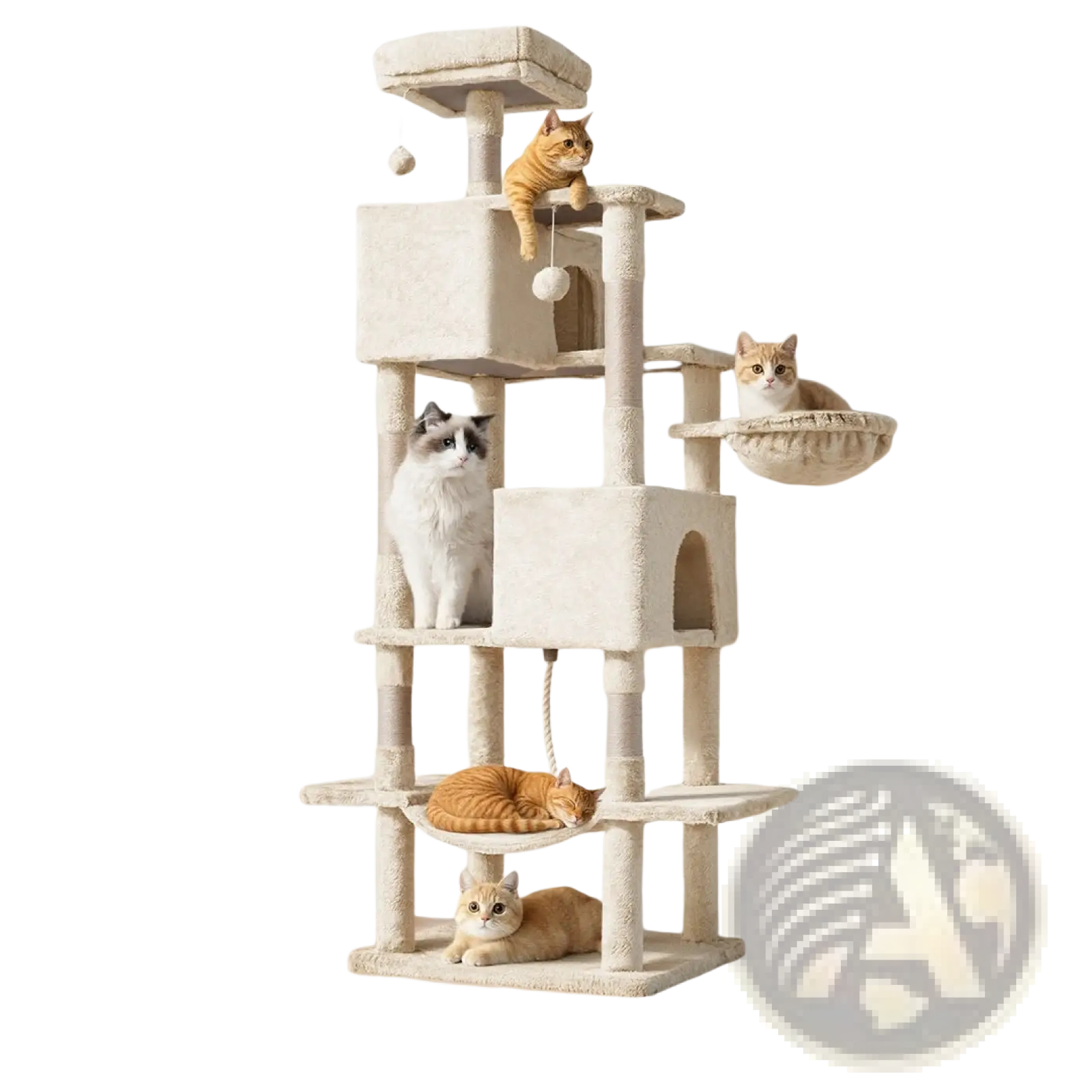 Beige 66 inch multi-cat tree tower and condo with multi-level platforms, scratching posts, and cozy hammock perch
