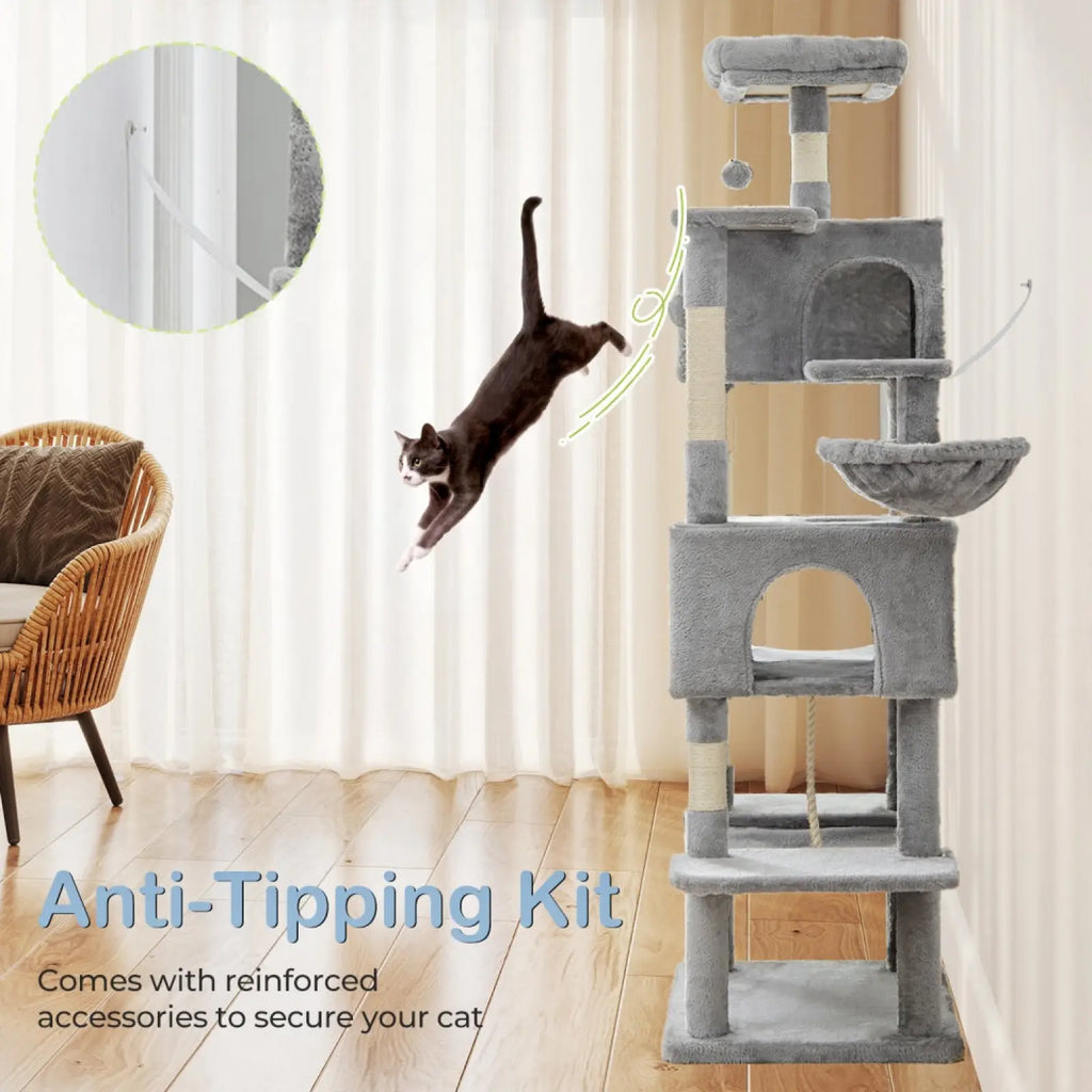 Gray 66 inch multi cat tree tower and condo with plush platforms scratching posts and a hanging ball toy