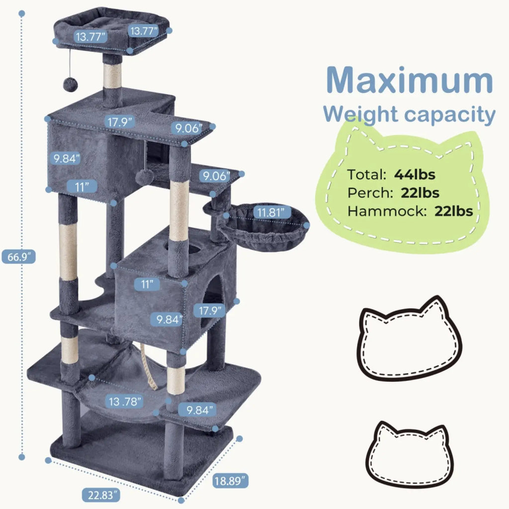Gray 66 inch multi-cat tree tower and condo with plush platforms and sisal scratching posts for cats