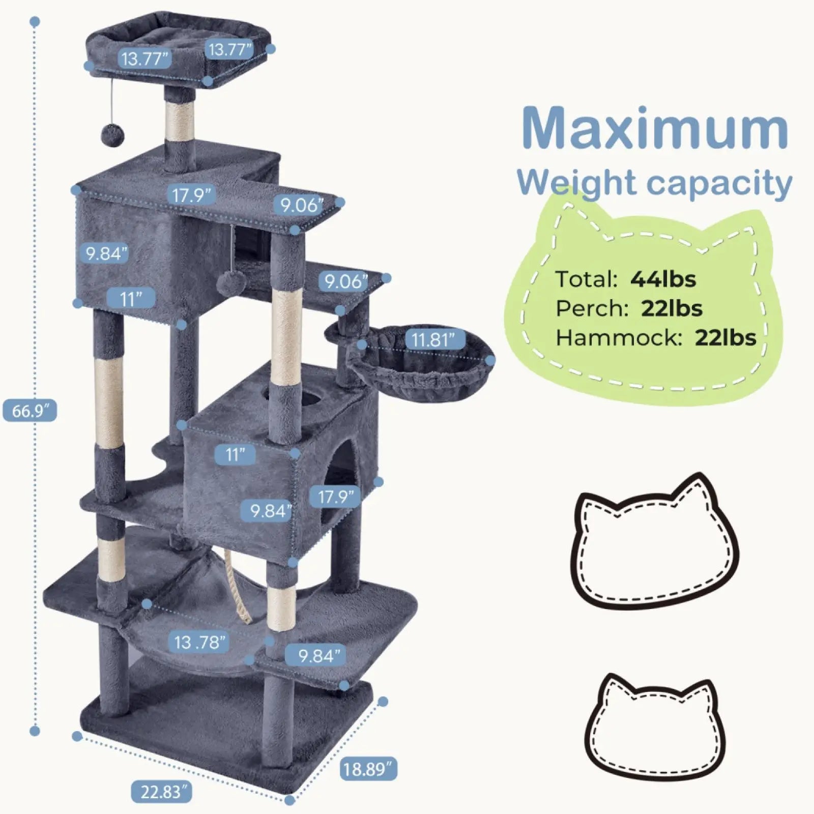 Gray 66 inch multi-cat tree tower and condo with plush platforms and sisal scratching posts for cats
